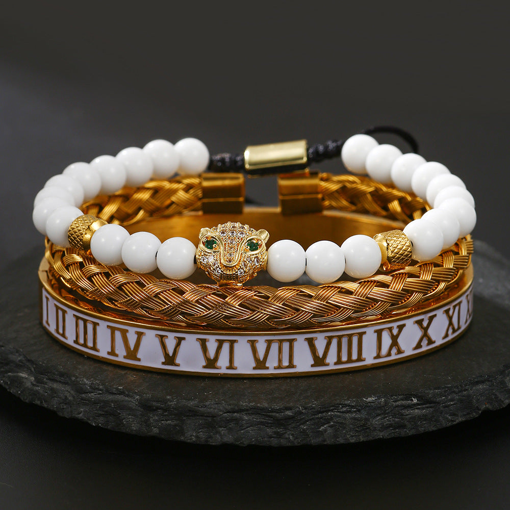 Wholesale Zircon Skull Crown Stainless Steel White Oil Drop Roman Numeral Bracelet Set